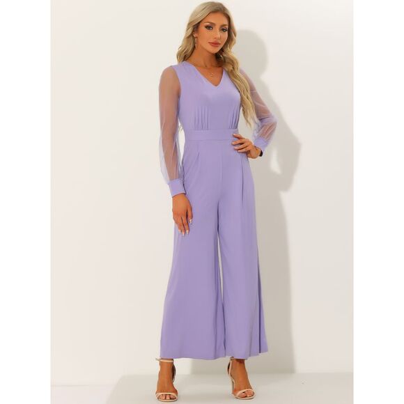 V Neck Mesh Long Sleeve Loose Wide Leg Romper Jumpsuits Light Purple - Picture 3 of 6